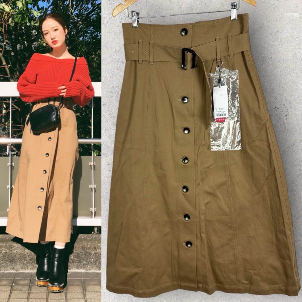 NWT Moussy Button Front Long Midi Skirt Tan Beige Womens Size Small Belted NEW